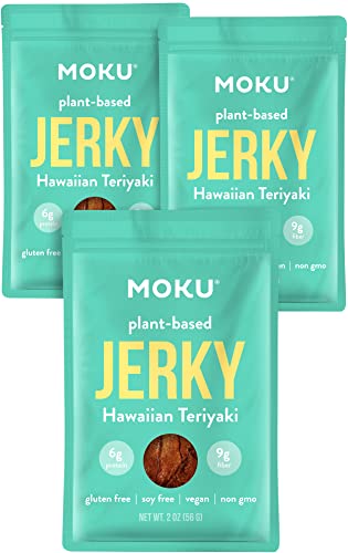 Moku Plant-Based Mushroom Jerky (3 Pack) Vegan Jerky, Gluten-Free, Soy-Free, Non-GMO Vegan Snacks, Vegan Meat No Artificial Sweetener Vegan Food, 2 oz ea - Hawaiian Teriyaki