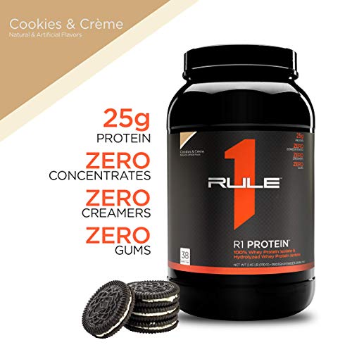 Rule One Proteins, R1 Protein - Cookies & Crème, 25g Fast-Acting, Super-Pure 100% Isolate and Hydrolysate Protein Powder with 6g BCAAs for Muscle Growth and Recovery, 2.5 Pounds, 38 Servings