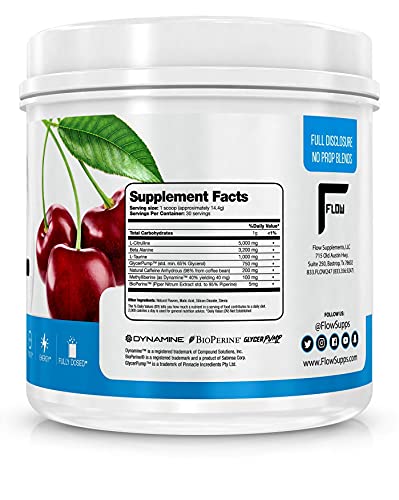 Flow Supplements, Natural Pre-Workout Powder Sour Cherry, Naturally Flavored and Sweetened, Workout Amplifier, Pump, Vaso, Endurance, Focus, Energy, Fully Dosed - 30 Servings