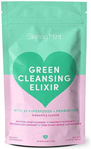 SkinnyMint Green Cleansing Elixir. Greens Superfood Powder containing 22+ Whole Foods (Wheat Grass, Spirulina, Chlorella) Probiotics, Fiber. Non GMO, Gluten Free, Vegan, Keto Approved