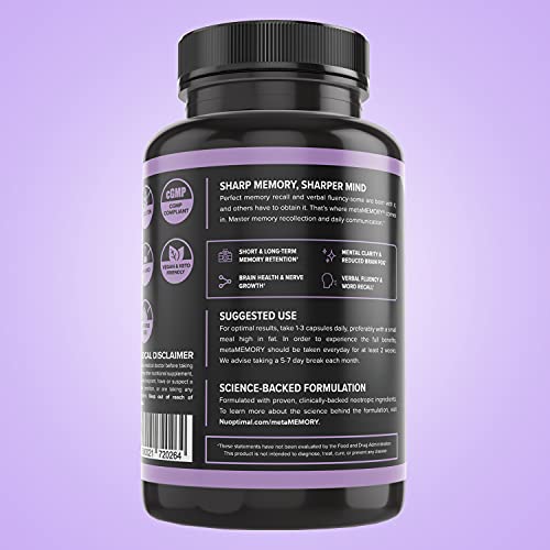 metaMEMORY by Nuoptimal - Premium Nootropics Brain Booster Supplement for Memory Support & Brain Health - 8 Cognitive Enhancing Ingredients : Lions Mane Mushroom, Alpha GPC, Ginkgo Biloba, & Huperzine