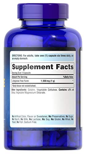 Puritan's Pride L-arginine 1000 Mg Capsules, 100 Count, White, (4332490165)