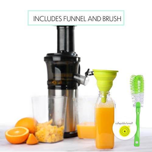 Small Cold Press Juicer With 16 oz Plastic Juice Bottles With White Caps And Juicing Recipe Book, Includes Funnel And Brush