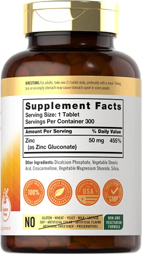 Zinc 50mg | 300 Tablets | Vegetarian, Non-GMO, and Gluten Free Supplement | Zinc Gluconate | High Potency Formula | by Carlyle