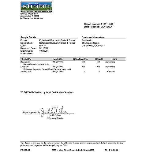 Brain & Focus - Optimized Curcumin Longvida with BaCognize Bacopa Monnieri by ProHealth (60 Veggie Capsules)