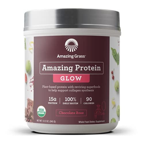 Amazing Grass GLOW Vegan Collagen Support with Biotin and Plant Based Protein Powder, Chocolate Rose, 15 Servings 12.2 Ounce (Pack of 1)