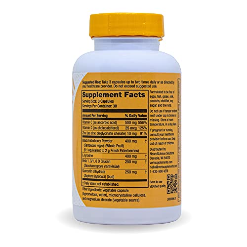 Veri Boosted Natural Immune Support Supplement, Elderberry, Zinc, Quercetin, Vitamin C, Vitamin D, L-Tyrosine, Gluten Free, Non-GMO, Vegan, 90 Capsules