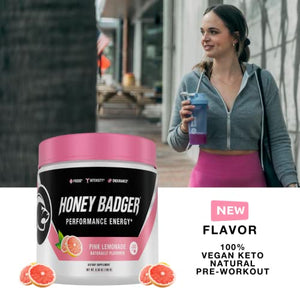 Honey Badger Pre Workout Powder | Vegan Keto Pink Lemonade Preworkout | Natural Energy for Men & Women | Beta Alanine, Caffeine & Vitamin C for Immune Support | Sugar Free & Paleo | 30 Servings