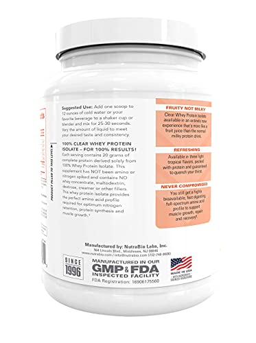 NutraBio Clear Whey Protein Isolate – NutraBio Clear Whey Protein Isolate – Pure Whey Isolate for Men and Women, Delicious Fruit Flavors – Non-GMO, Zero Lactose - Mango Mist, 20 Servings
