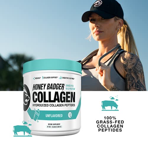 Honey Badger Collagen Peptides Powder | Keto Unflavored Grass Fed Hydrolyzed Collagen Protein Coffee Creamer | Gluten Free, Natural, Non-GMO, Paleo | Skin, Hair, Nail, and Joint Health, 30 Servings