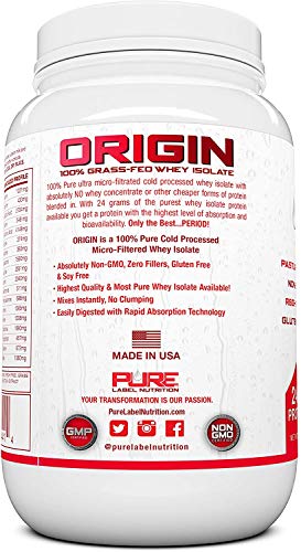 Pure Label Nutrition 100% Grass-Fed Whey Protein Isolate, 2lb Chocolate, No Fat, No Lactose, Micro-Filtered, Cold Processed, GMO Free, rBGH Free, Soy Free, Gluten Free, Zero Carbs and No Sugar Added