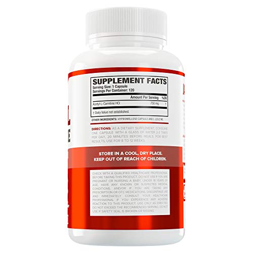 Acetyl L Carnitine 750mg Supplement - Extra Strength L-Carnitine (ALCAR) for Energy, Body Recomposition, Memory & More - Zero Fillers - 120 Non GMO Veggie Pills