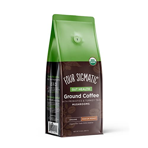 Four Sigma Foods Mushroom Ground Coffee with Probiotics, Organic and Fair Trade Coffee with Turkey Tail, Chaga, prebiotics, & CFU shelf-stable, heat resistant probiotics, Immune Support, 12 Oz