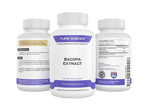 Pure Science Bacopa Monnieri Extract 600mg (S.E. 50% Bacosides 320mg & Bacopa Monnieri Powder 280mg) – Improves Memory and Attention, Promotes Relaxation - Non Gluten - 50 Vegetarian Capsules
