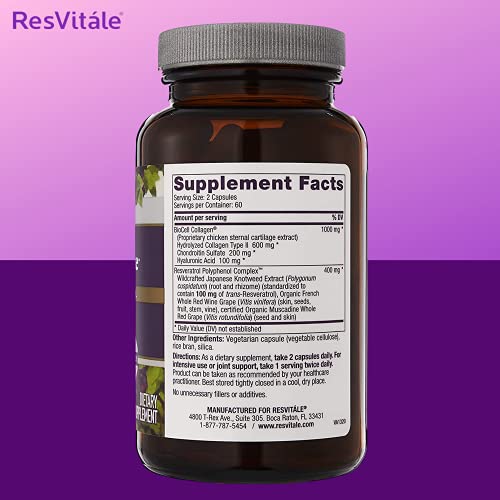 ResVitale Collagen Enhance Anti Aging Skin Care Collagen Supplement - Hydrolyzed Collagen Peptides with Hyaluronic Acid and Resveratrol - Skin Food & Joint Support Collagen Capsules, 1000mg, 120 Caps