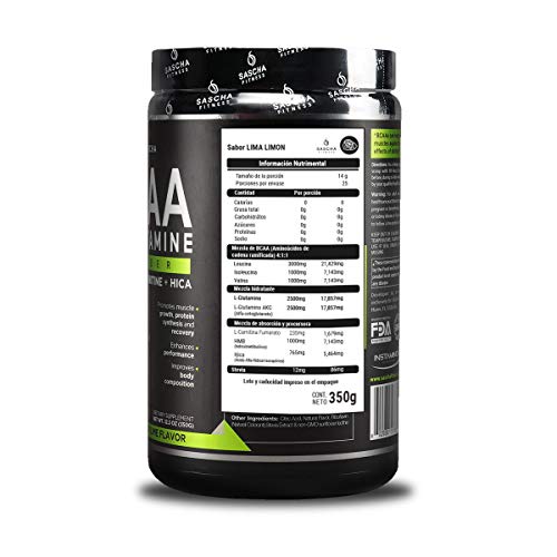 Sascha Fitness BCAA 4:1:1 + Glutamine,HMB,L-Carnitine,HICA | Powerful and Instant Powder Blend with Branched Chain Amino Acids (BCAAs) for Pre, Intra and Post-Workout | Natural Lemon Lime Flavor,350g