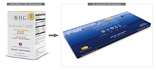 WHC, UnoCardio 1000 Fish Oil (60 Softgels), 1300 mg of Pure Triglyceride Fish Oil with Omega-3 (1180 mg), 665 mg EPA and 445 mg DHA and 25 mcg (1000 IU) Vitamin D3 per softgel