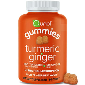 Qunol Turmeric Gummies with Ginger, Ultra High Absorption, 500 mg Turmeric Curcumin, 50mg Ginger Root, Tangerine Flavored Gummy Supplement, Helps Support an Active Lifestyle, 60 count/30 Day Supply