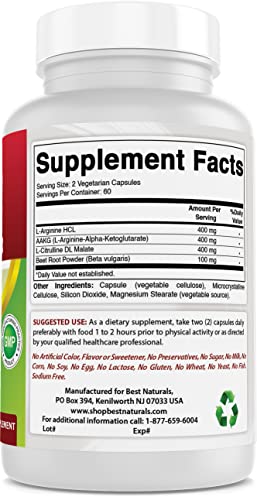 Best Naturals L-Arginine NO Booster Triple Strength 1300 mg Serving 120 Veg Capsules (120 Count (Pack of 1))