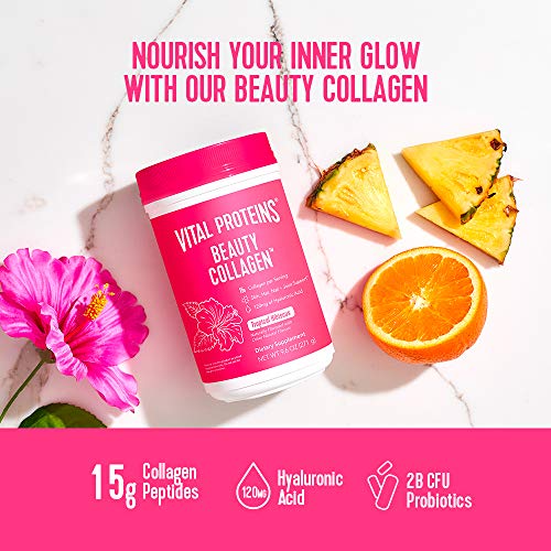 Vital Proteins Beauty Collagen Peptides Powder Supplement for Women, 120mg of Hyaluronic Acid, 15g of Collagen Per Serving, Enhances Skin Elasticity and Hydration, Tropical Hibiscus, 9.6oz Canister