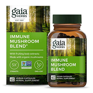 Gaia Herbs Immune Mushroom Blend, Organic Shiitake, Turkey Tail, Reishi, Cordyceps, Chaga, No Grain & Rice Fillers, Vegan Herbal Supplement, 40-Count