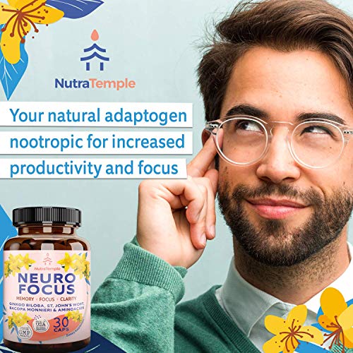 Brain Booster Supplement Nootropics - Neuro Focus for Brain Health, Memory, Clarity, Focus, Stress Relief with Gingko Biloba, Bacopa Monnieri, St. Johns Wort - 30 Brain Food Capsules