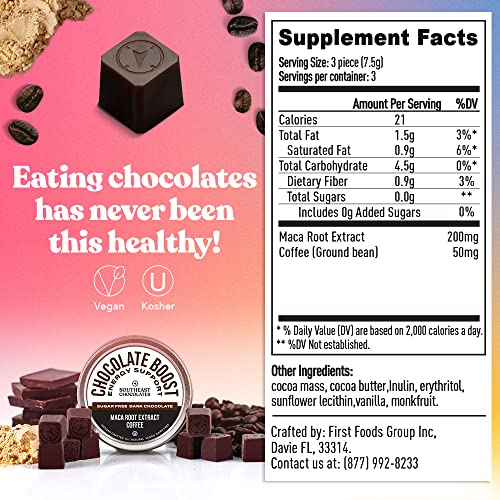 Southeast Chocolates Boost Bites - Sugar-Free Dark Chocolate Bites – Sugar Free with Maca Root Extract and Coffee to Support Physical Endurance and Memory Concentration – Vegan, Dairy-Free. Soy-Free and All Natural (Small Tin 6 Pack/9 Bites ea.)