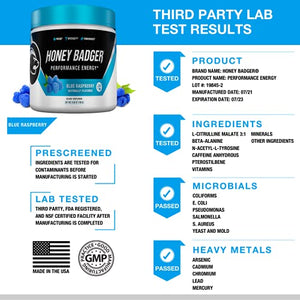 Honey Badger Pre Workout Powder | Vegan Keto Blue Raspberry Preworkout | Natural Energy for Men & Women | Beta Alanine, Caffeine & Vitamin C for Immune Support | Sugar Free & Paleo | 30 Servings