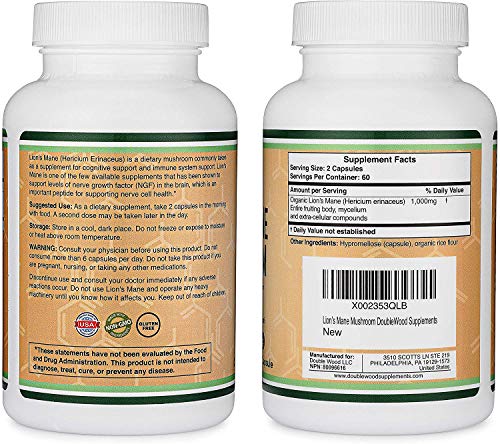 Lions Mane Mushroom Capsules (Two Month Supply - 120 Count) Vegan Supplement - Nootropic to Support Brain Health, Neuron Growth, and Immune System, Made in The USA by Double Wood