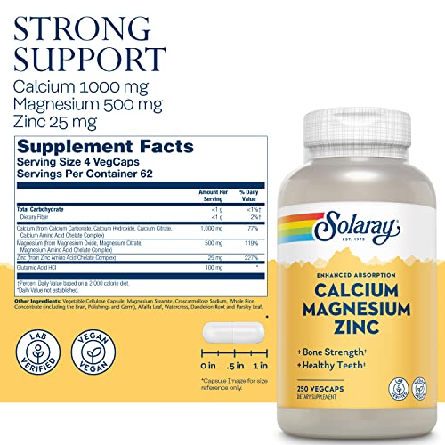 Solaray Calcium, Magnesium, Zinc | High Absorption with Glutamic Acid | Healthy Bones, Teeth, Nerve, Muscle, Heart & Immune Function Support | 250ct
