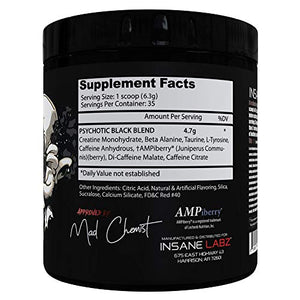 Insane Labz Psychotic Black Edition Mid Stimulant Pre Workout Powder, Energy Focus Pumps, Loaded with Creatine Beta Alanine Taurine Fueled by AMPiberry, 35 Servings Watermelon