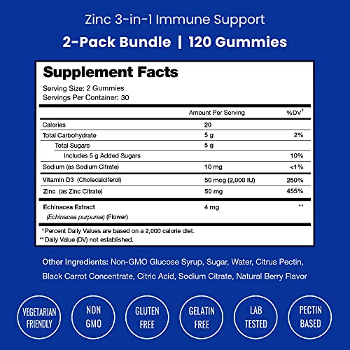 Zinc Gummies (2 Pack) 120 Gummies Immune Boost for Kids & Adults | 50mg Zinc Gummy Supplement with Vitamin D3 & Echinacea for Immune Support | Non-GMO Immunity Booster 25mg Per Chewable