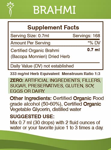 Brahmi Alcohol Liquid Extract, Organic Brahmi (Bacopa Monnieri) Dried Herb (4 fl oz)