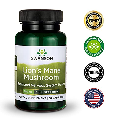 Swanson Lion's Mane Mushroom Memory Support Mental Focus Brain Booster Herbal Supplement Hericium Erinaceus (Mycelium Biomass) 500 mg 60 Capsules (3 Pack)