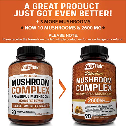 NutriFlair Mushroom Supplement 2600mg - 90 Capsules - 10 Mushrooms - Reishi, Lions Mane, Cordyceps, Chaga, Turkey Tail, Maitake, Shiitake Nootropic Complex - Brain, Energy, Focus