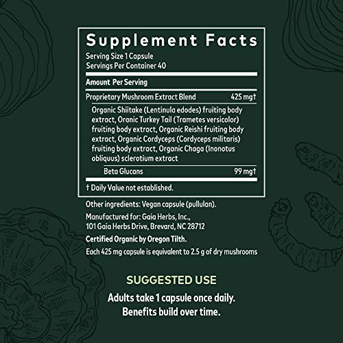 Gaia Herbs Immune Mushroom Blend, Organic Shiitake, Turkey Tail, Reishi, Cordyceps, Chaga, No Grain & Rice Fillers, Vegan Herbal Supplement, 40-Count