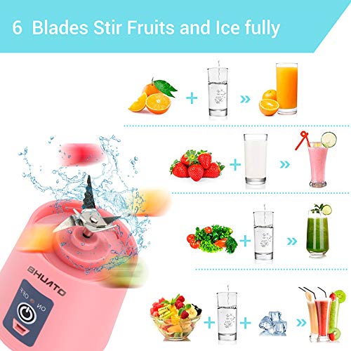 [Upgraded Version] USB Juicer Cup by BHUATO, Portable Juice Blender, Household Fruit Mixer - Six Blades in 3D, 380ml Fruit Mixing Machine for Superb Mixing (Pink)…