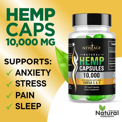 Hemp Capsules - 10,000 Hemp Extract - Pain, Stress Relief - Natural Sleep & Mood Support - Made in The USA - Maximum Value - Rich in Omega 3,6,& 9