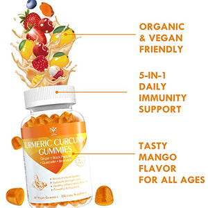 Turmeric Curcumin Gummies with Quercetin, Bromelain, Ginger, Bioperine - Organic & Vegan Anti-inflammatory, Seasonal, Immune, Joint Support Tumeric Curcumin Supplement with Black Pepper - 2Pc/120ct