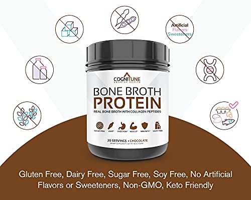 Bone Broth Protein Powder Chocolate - Grass Fed Collagen Peptides - Protein Powder Without Artificial Sweeteners - No Sugar, Paleo & Keto Friendly -Dairy Free, Gluten Free - 20g Protein, 20 Servings