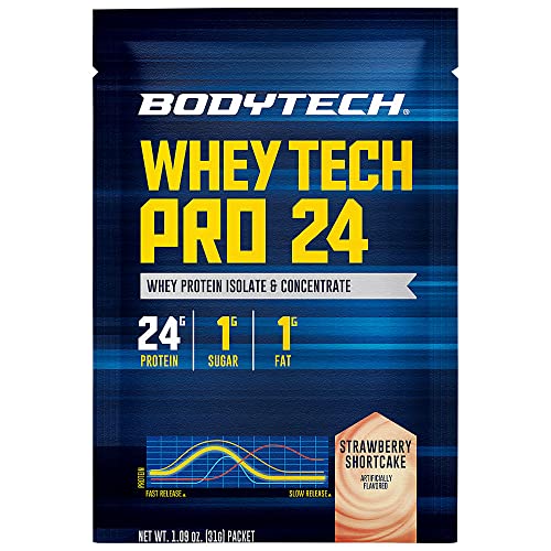 BodyTech Whey Tech Pro 24 Protein Powder Protein Enzyme Blend with BCAA's to Fuel Muscle Growth Recovery, Ideal for PostWorkout Muscle Building Strawberries Cream (12 Packets)