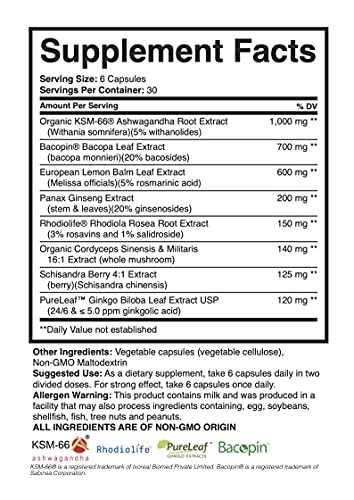 Brain Forza Adapt All Herbal Adaptogen for Stress, Mood & Athletic Performance w/KSM-66 Ashwagandha, Bacopa, Rhodiola Rosea, Cordyceps, Lemon Balm, Ginkgo Biloba USP, 180 Capsules