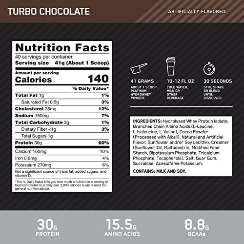 Optimum Nutrition Platinum Hydrowhey Protein Powder, 100% Hydrolyzed Whey Protein Isolate Powder, Flavor: Turbo Chocolate, 3.5 Pounds