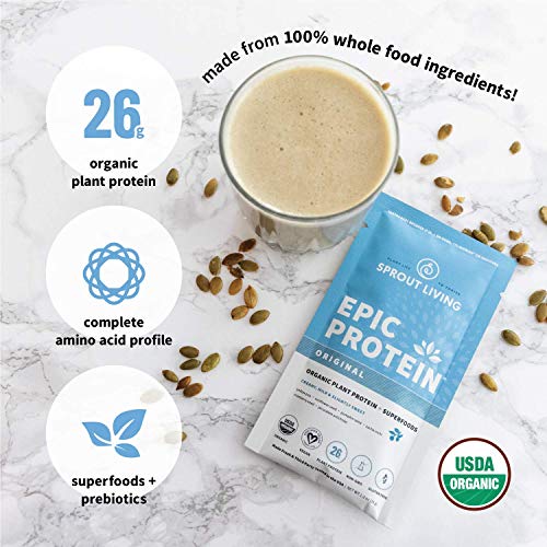 Sprout Living, Epic Protein, Plant Based Protein & Superfoods Powder, Original, Unflavored | Organic Protein Powder, Vegan, Non Dairy, Non-GMO, Gluten Free, Sugar Free, Perfect Keto Drink Mix (1 lb)