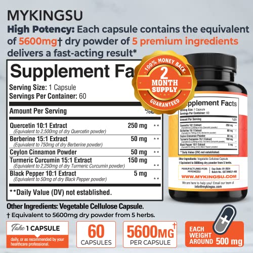 Quercetin Capsules with Berberine, Turmeric Curcumin - 5600mg Per Capsule - Supports Cardiovascular Health, Immune System - 60 Capsules - 2 Month Supply