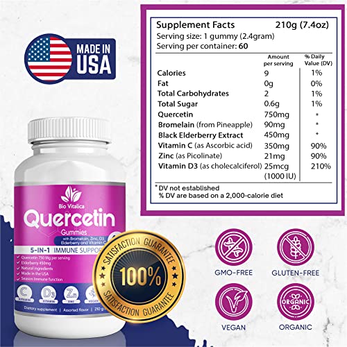 Quercetin Gummies by BioVitalica - Quercetin with Bromelain Vitamin C and Zinc & Elderberry + Vitamin D3 - 5 in 1 Immune Support - Zinc Quercetin 750 mg for Kids and Adults (6)