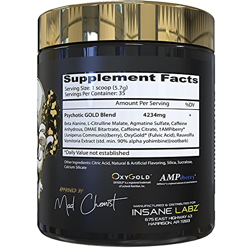 Insane Labz Psychotic Gold, High Stimulant Pre Workout Powder, Extreme Lasting Energy, Focus, Pumps and Endurance with Beta Alanine, DMAE Bitartrate, Citrulline, NO Booster, 35 Srvgs, Pina Colada