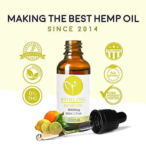 Hemp Oil for Stress and Plain - Organic, USA Hemp w/ MCT - Great Citrus Flavor - It’s The Real Deal - 3000mg 1 Bottle - Stirling