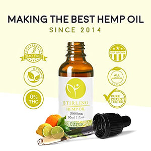 Hemp Oil for Stress and Plain - Organic, USA Hemp w/ MCT - Great Citrus Flavor - It’s The Real Deal - 3000mg 1 Bottle - Stirling