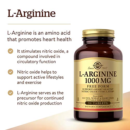 Solgar L-Arginine 1000 mg, 90 Tablets - Supports Blood Flow & Heart Health - Nitric Oxide Stimulator - Supports Active Lifestyles - Non-GMO, Vegan, Gluten Free, Dairy Free, Kosher - 90 Servings